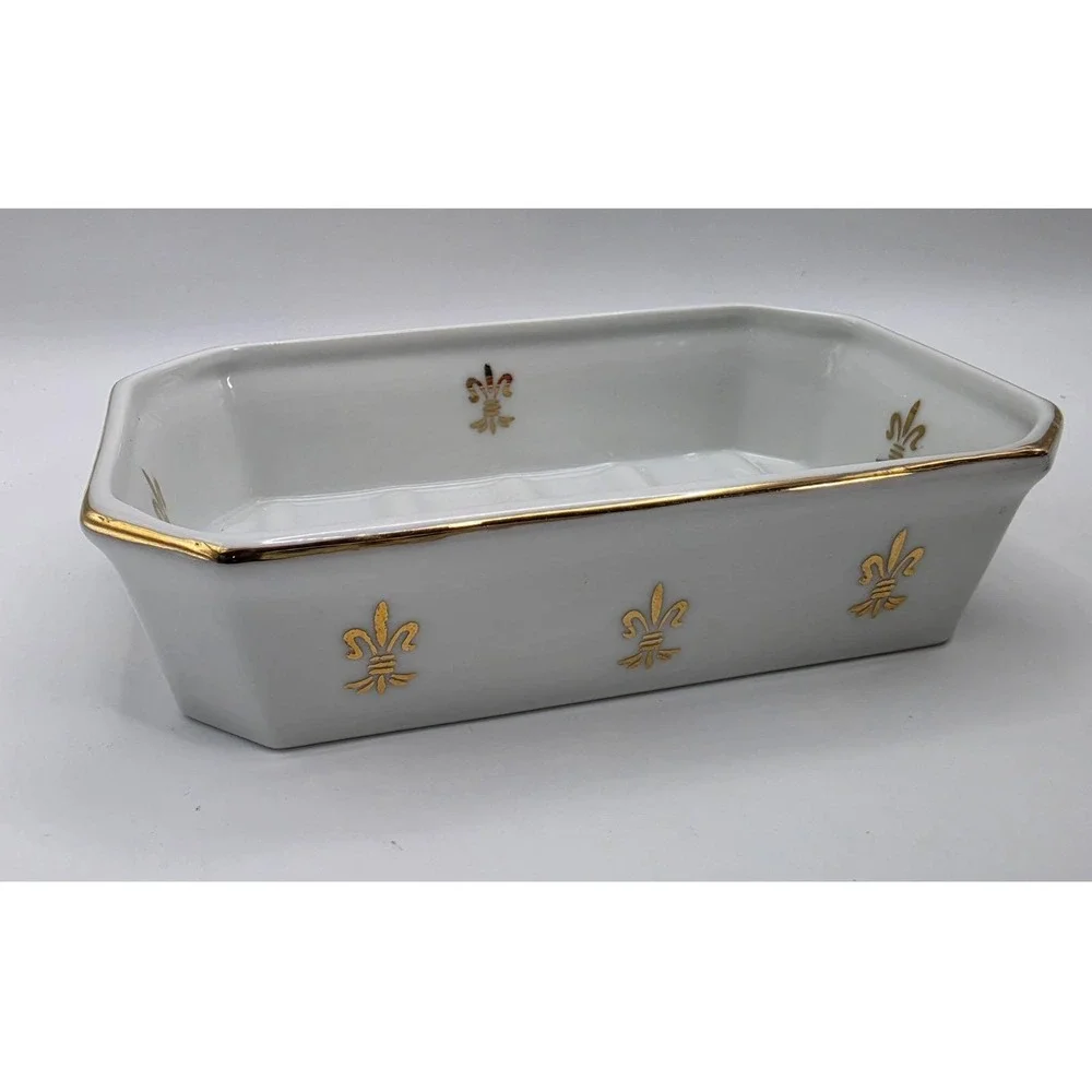 Sevres French Style Japan Porcelain Soap Dish White Gold Fleur De Lis 2797